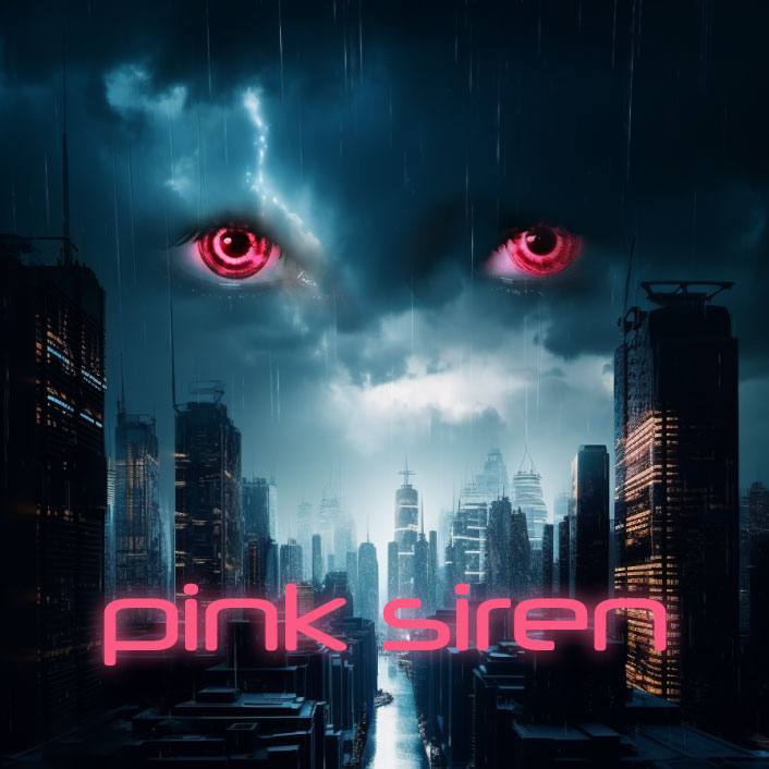 eine dystopische Skyline, pinke Augen schauen vom Himmel zur betrachtenden Person. Im Vordergrund steht mit pinker Neonschrift "pink Siren"